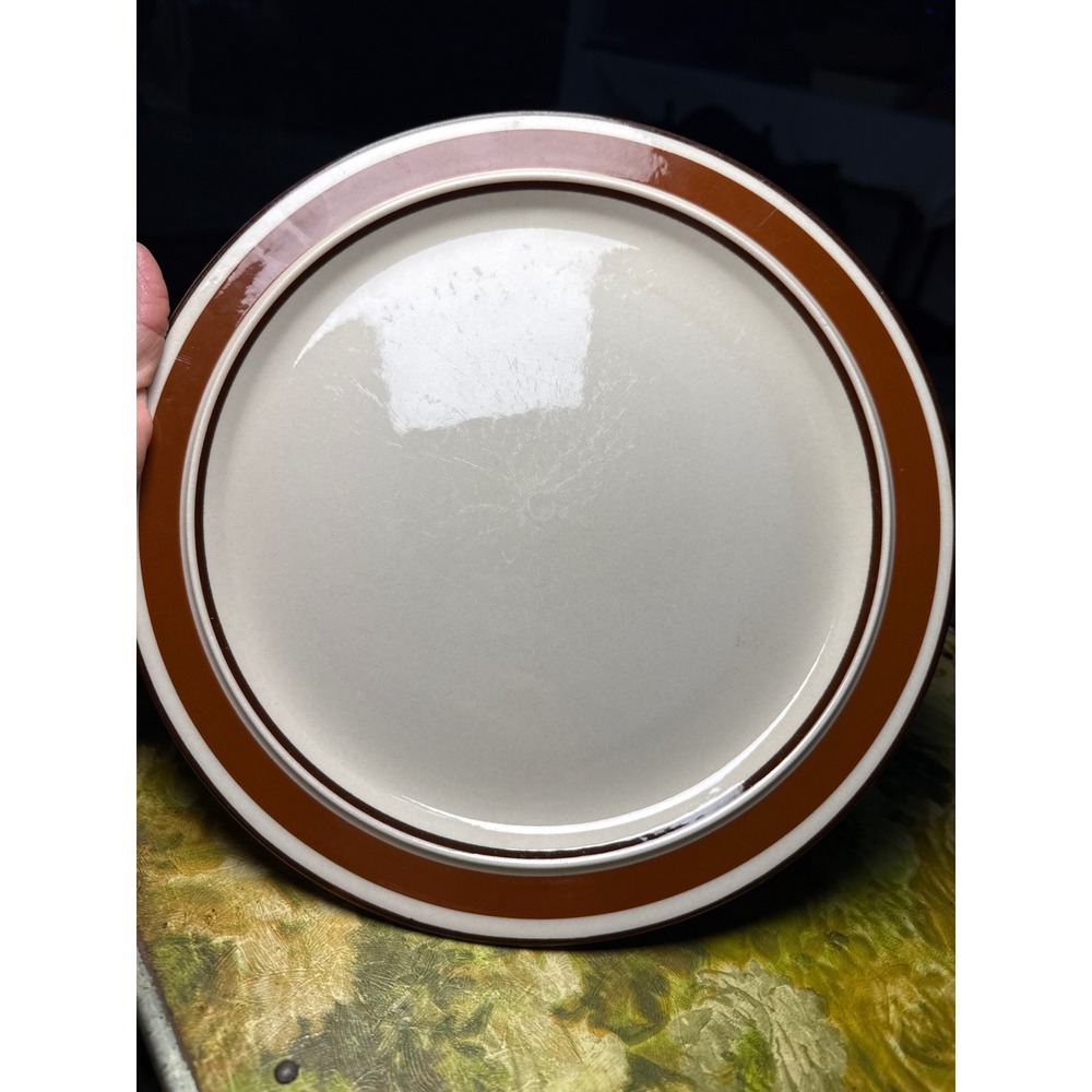 Newcor Stoneware Dinner Plate Brown Banded Cream Japan 10.5 Inch MCM Retro